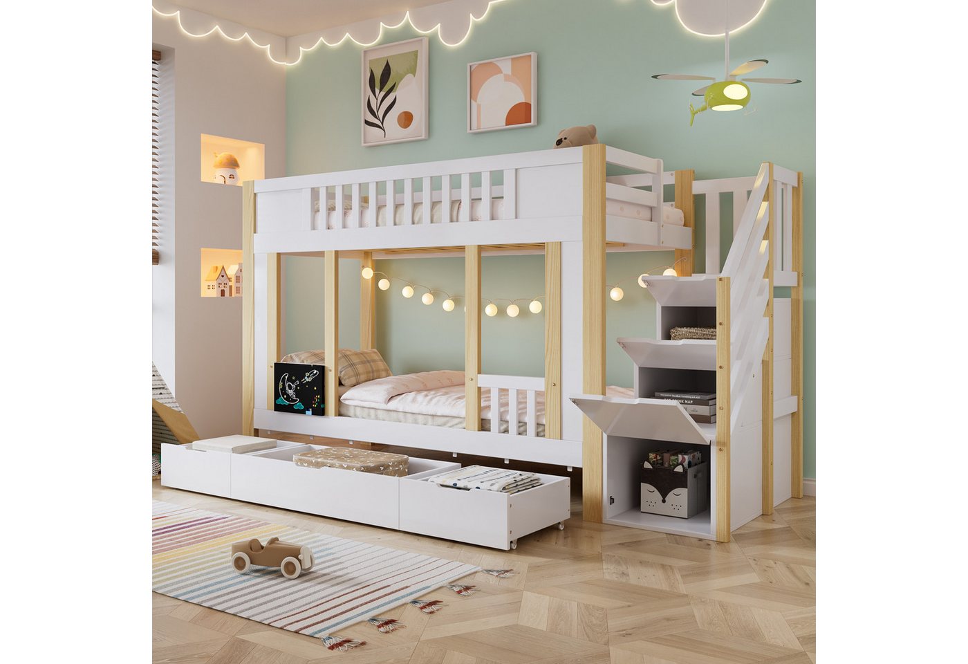 STILVORA Etagenbett 90x200 mit Matratze&Treppenschrank,Kinderbett Holzbett mit Schublade (mit Treppenschrank und Stauraum, Drei Schubladen auf Rollen, Tafel zum Kritzeln, 90x200cm), ohne Matratze von STILVORA