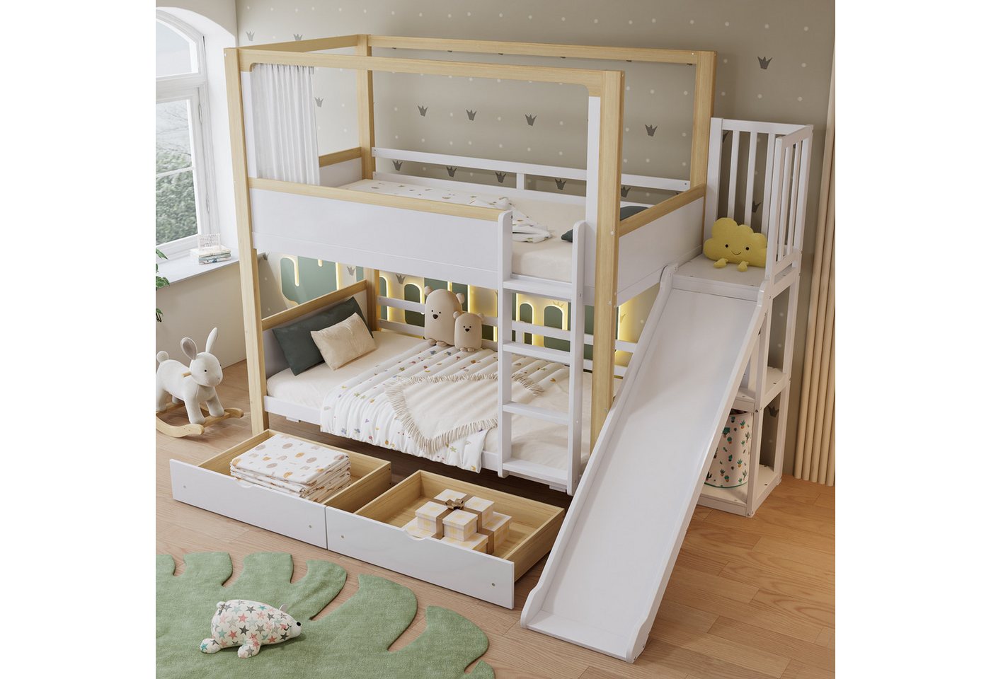 STILVORA Etagenbett 90x200 mit Rutsche,Kinderbett Bettgestell mit Lattenrost&Schubladen (mit Rutsche & 2 Schubladen, Vorhang am oberen Bett, 90x200cm), ohne Matratze von STILVORA
