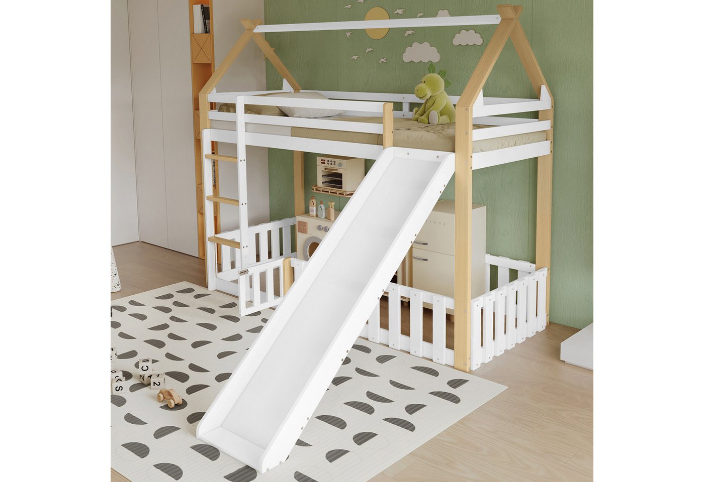 STILVORA Etagenbett 90x200 mit Rutsche,Kinderbett Bettgestell mit Sicherheitszaun&Leiter (mit lustiger Rutsche, stabilem Lattenrost & Zaun, Kinder-Holzbett 90x200 cm) von STILVORA