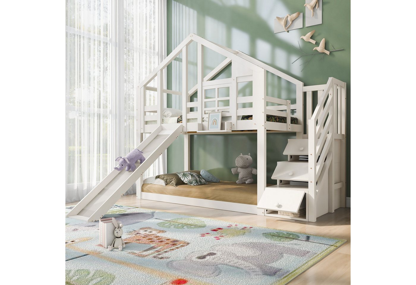 STILVORA Etagenbett 90×200 mit Rutsche,Kinderbett Holzbett mit Stauraumtreppe&Matratze (Hausbett Baumhaus, mit 2 Schlafplätze, 3 Schublade), mit Rausfallschutz, 90 x 200 cm von STILVORA