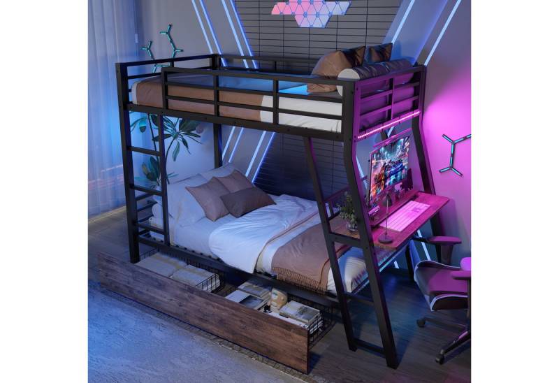 STILVORA Etagenbett 90x200 mit Schreibtisch,Kinderbett mit matratze und Schubladen und LED (mit LED-Beleuchtung & Schreibtisch, Metallrahmen mit Schubladen & Treppe, perfekt für Studenten & Familien 90x200 cm), mit Matratze von STILVORA
