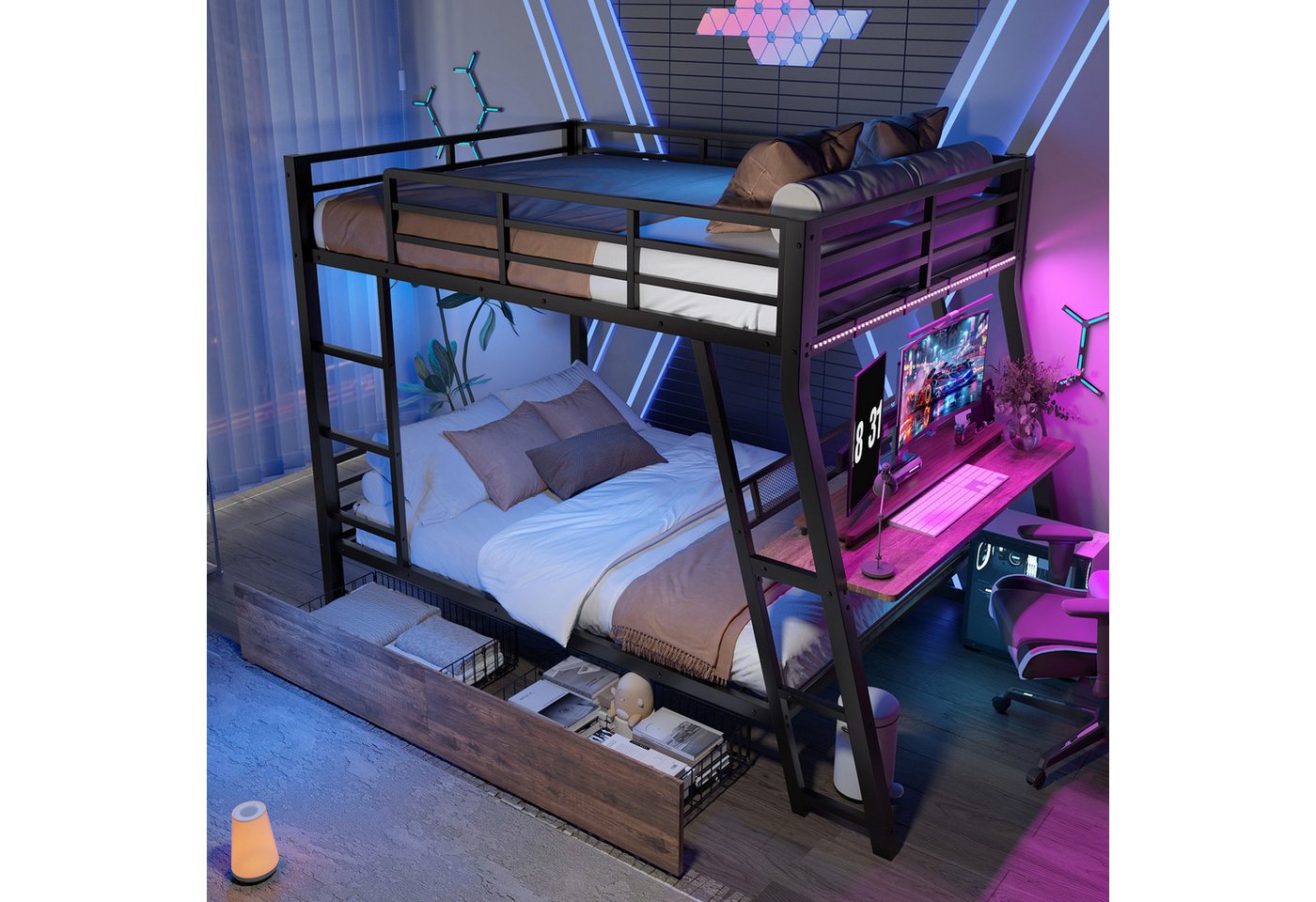 STILVORA Etagenbett 90x200 mit Schreibtisch,Kinderbett mit matratze und Schubladen und LED (mit LED-Beleuchtung & Schreibtisch, Metallrahmen mit Schubladen & Treppe, perfekt für Studenten & Familien 140x200 cm), mit Matratze STILVORA Etagenbett 90x200 mit Schreibtisch,Kinderbett mit matratze und Schubladen und LED (mit LED-Beleuchtung & Schreibtisch, Metallrahmen mit Schubladen & Treppe, perfekt für Studenten & Familien 140x200 cm), mit Matratze von STILVORA