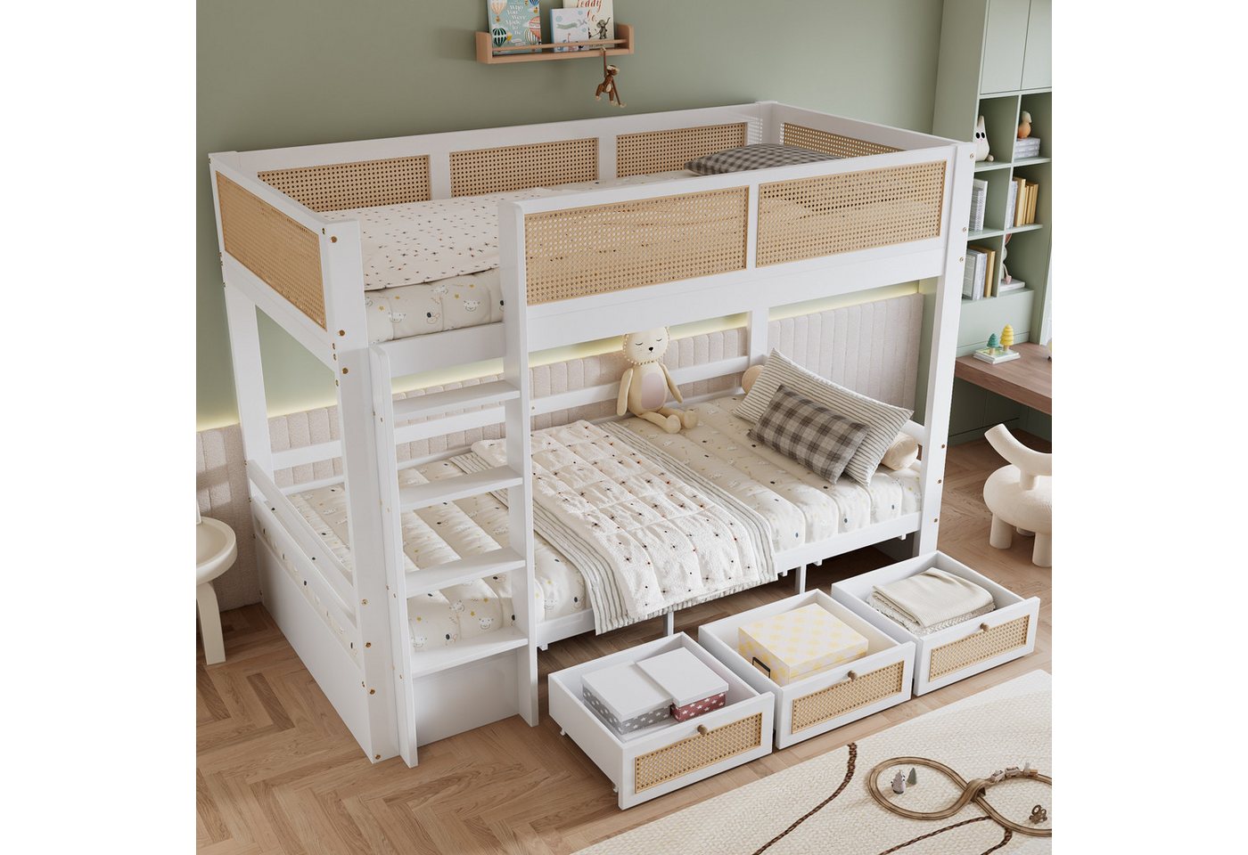 STILVORA Etagenbett 90x200 mit Schubladen,Jugendbett Holzbett mit Rattanzaun&Matratze (mit Rattanzaun & 3 Schubladen, Sicheres Hochbett, 90x200 cm), ohne Matratze von STILVORA