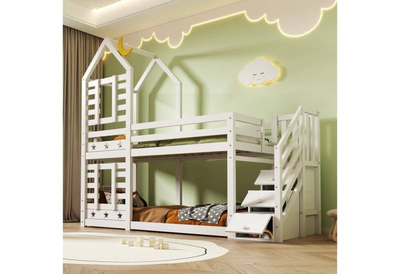 STILVORA Etagenbett 90×200 mit Schubladen,Kinderbett Holzbett mit Stauraumtreppe&Geländer (Hausbett mit Stauraum unter der Treppe 90x200cm) von STILVORA