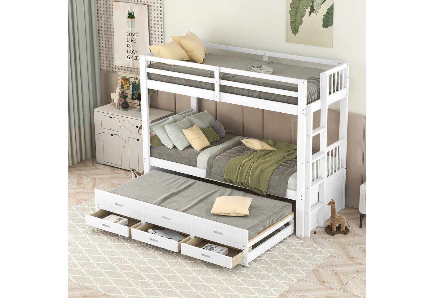 STILVORA Etagenbett 90x200 mit Schubladen,Kinderbett mit Ausziehbett&Leiter,ohne matratze (mit Leiter undausziehbarem Bett und 3 Schubladen), Ohne Matratze von STILVORA