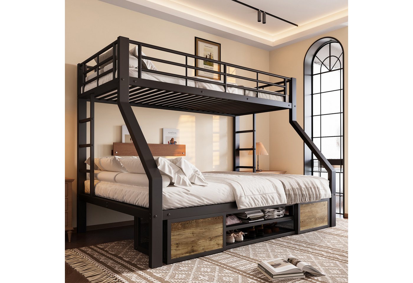 STILVORA Etagenbett 90x200 mit Schuhschrank,Jugendbett Eisenbett mit Staufächern,schwarz (mit Leiter, Sicherheitsgeländer und integriertem Schuhschrank, 90×200 cm & 140×200 cm), ohne Matratze von STILVORA