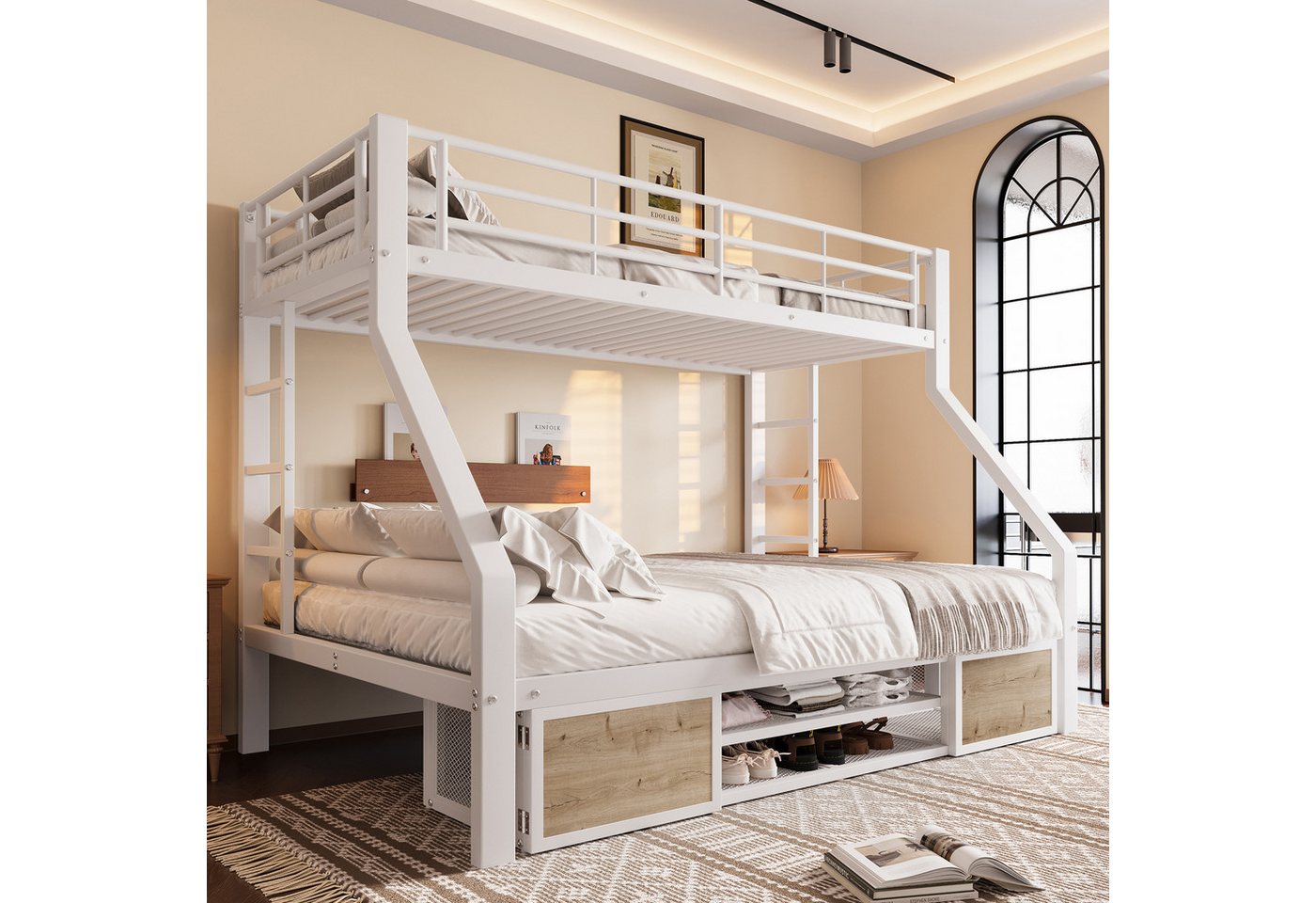 STILVORA Etagenbett 90x200 mit Schuhschrank,Jugendbett Eisenbett mit Staufächern,weiß (mit Leiter, Sicherheitsgeländer und integriertem Schuhschrank, 90×200 cm & 140×200 cm), ohne Matratze von STILVORA