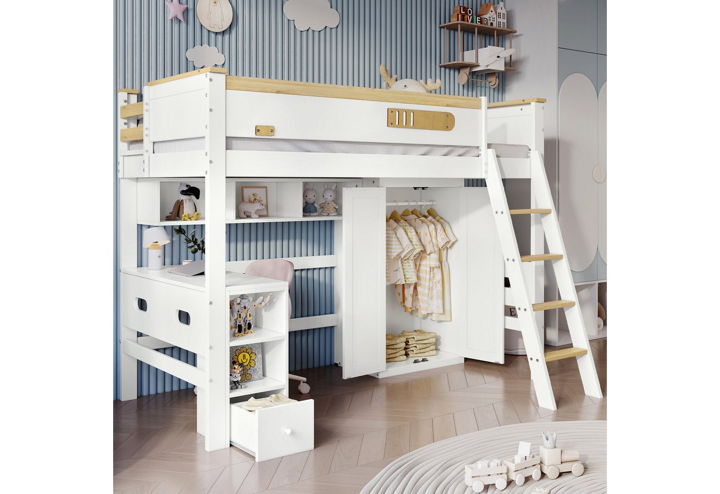 STILVORA Etagenbett 90x200 mit Stauraum&Matratze,Jugendbett Holzbett mit Schreibtisch (Etagenbett, mit Tisch und Kleiderschrank, 90x200 cm), ohne Matratze von STILVORA