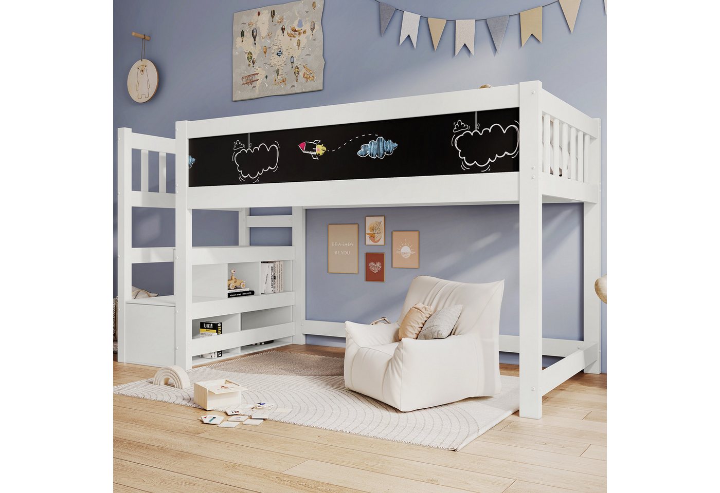 STILVORA Etagenbett 90×200 mit Tafel,Kinderbett Holzbett mit Stauraumtreppe&Ablagefach (90 x 200 cm, Weiß), Hochbett mit Whiteboard&Tafel,Speicherung und Rausfallschutz von STILVORA