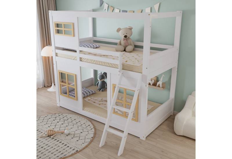 STILVORA Etagenbett 90x200 mit Trittleiter,Kinderbett Holzbett mit Umzäunung&Fenster (mit charmanten Fenstern, stabiler Trittleiter & Rundum-Sicherheitsumzäunung, 90x200 cm), ohne Matratze von STILVORA
