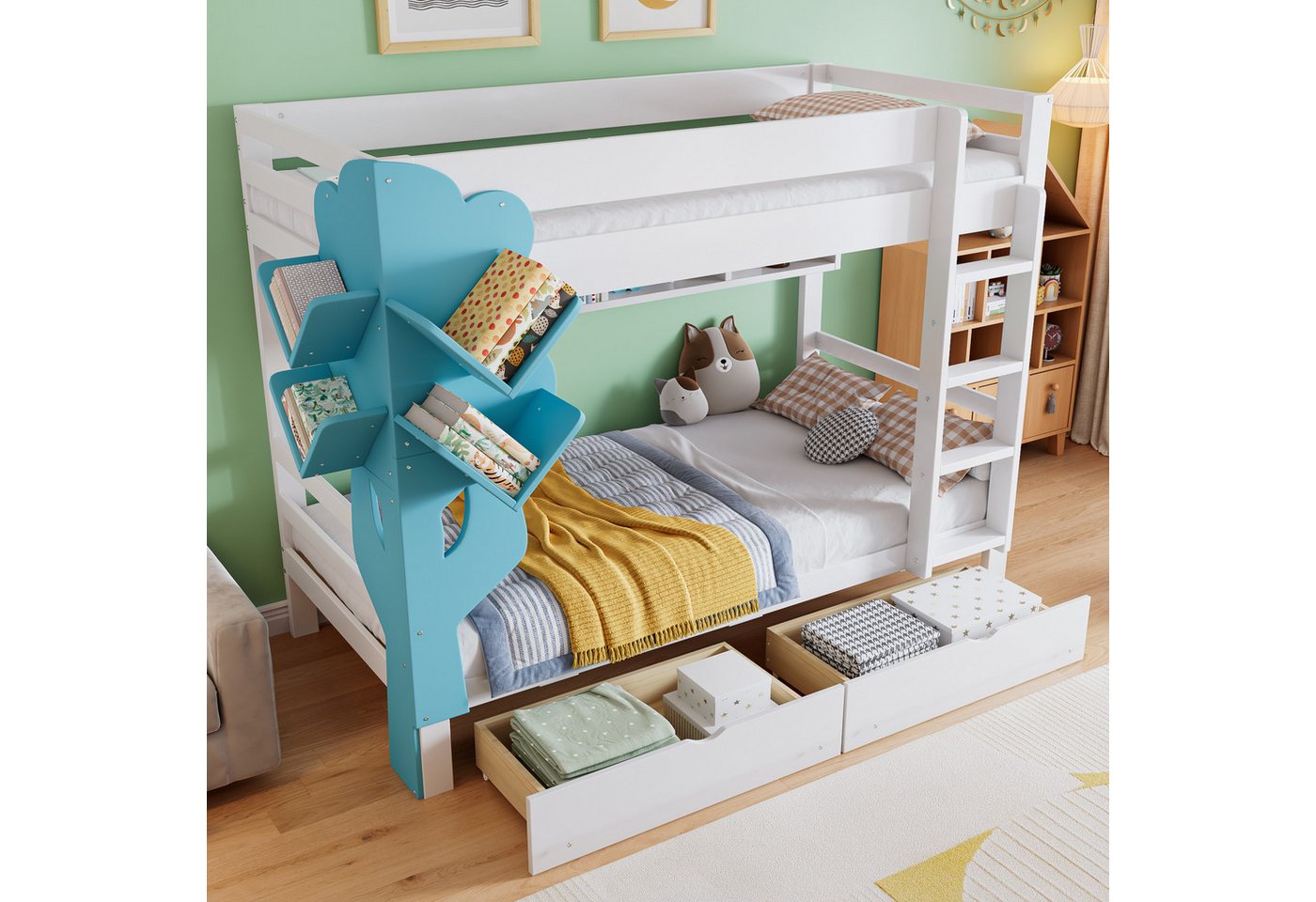 STILVORA Etagenbett 90x200 mit matratze,Doppelbett Kinderbett mit schublade auf rollen (Baumform Bücherregal, Schubladen mit Rollen, Sicherheitsgitter, Viel Stauraum, 90x200 cm, für Kinderzimmer), mit Matratze von STILVORA
