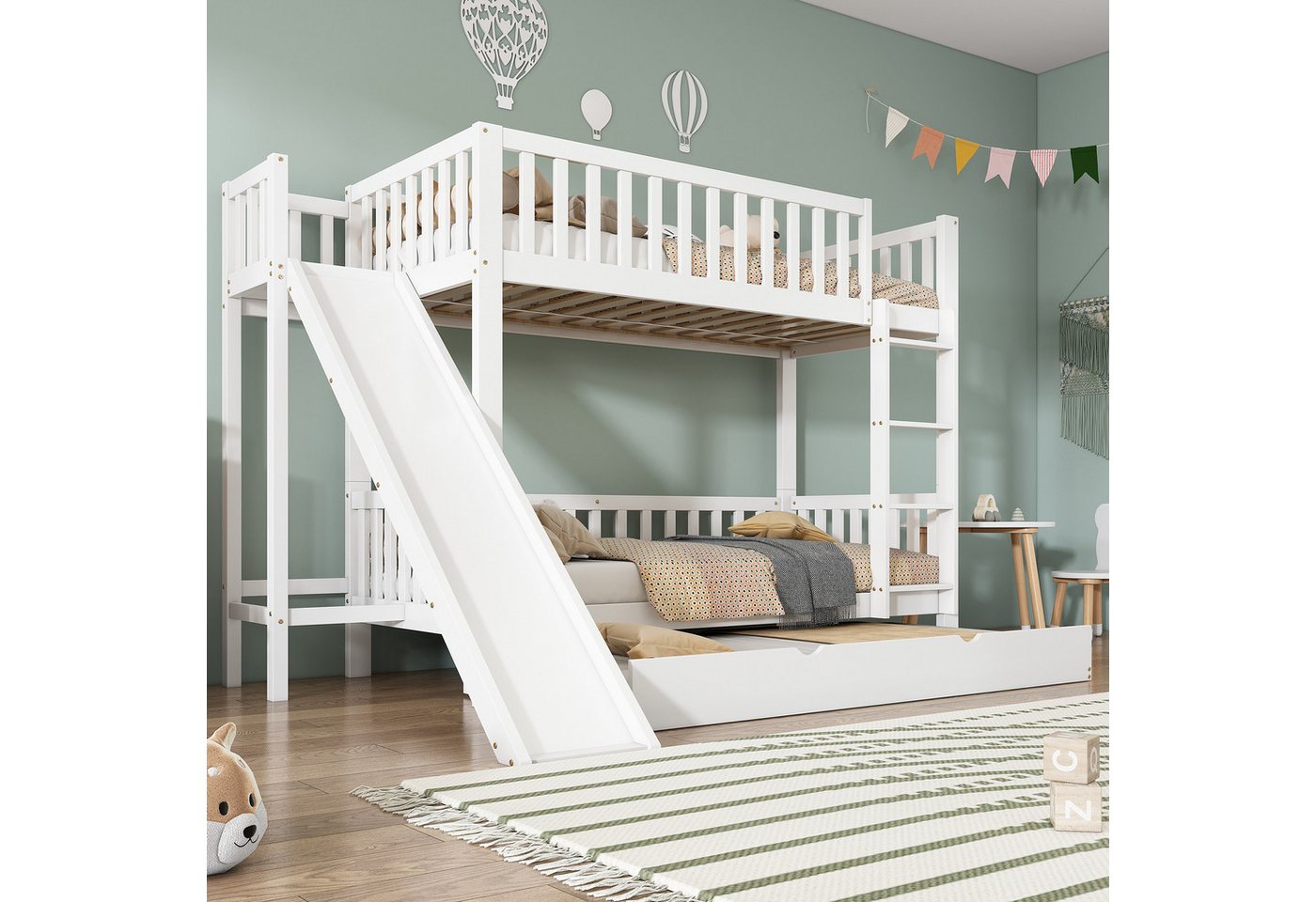 STILVORA Etagenbett mit Rollbett,90x200/190 Kinderbett Jugendbett mit Rutsche&Geländer (mit Rutsche und Regale, mit 4-stufiger gerader Leiter, 90x200cm), ohne Matratze von STILVORA