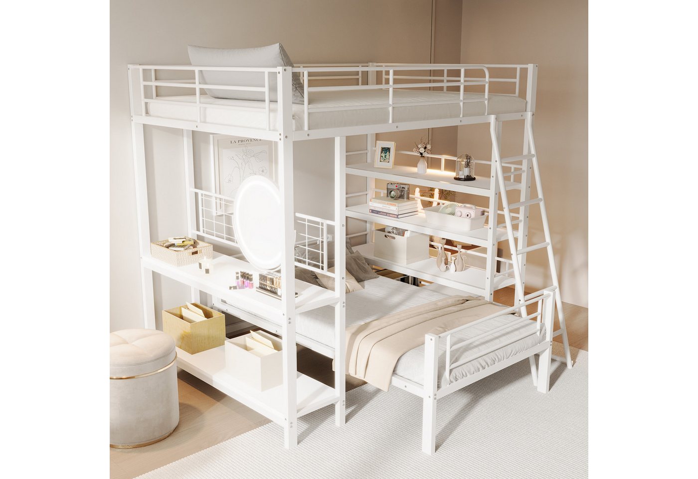 STILVORA Etagenbett mit Staufächern,90/140x200 Eisenbett Jugendbett mit Geländer&Matratze (Jugendbett Eisenbett Metallbett mit 150 cm Stauraum, integrierten Ablagefächern, wandelbar für Kinder, Jugendliche & Erwachsene), Ohne Matratze von STILVORA
