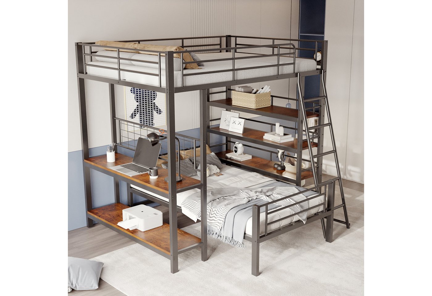 STILVORA Etagenbett mit Staufächern,90/140x200 Eisenbett Jugendbett mit Geländer&Matratze (Jugendbett Eisenbett Metallbett mit 150 cm Stauraum, integrierten Ablagefächern, wandelbar für Kinder, Jugendliche & Erwachsene), Ohne Matratze von STILVORA