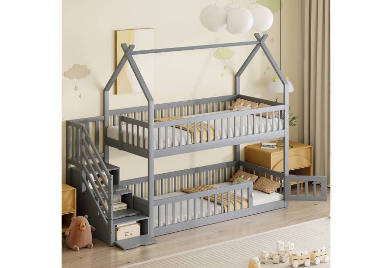 STILVORA Etagenbett mit Stauraumtreppe,90x200 Kinderbett Holzbett mit Sicherheitszaun&Dach (aus Massivholz mit Dach, Sicherheits-Treppe und Stauraumschubladen, 90x200 cm), ohne Matratze von STILVORA