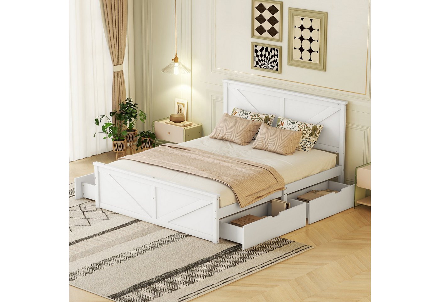 STILVORA Funktionsbett 160×200 mit Schubladen,Holzbett Jugendbett mit Lattenrost,Weiß, 160x200cm Einfaches Holzpritschenbett mit vier Schubladen von STILVORA