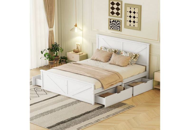 STILVORA Funktionsbett 160×200 mit Schubladen,Holzbett Jugendbett mit Lattenrost,Weiß, 160x200cm Einfaches Holzpritschenbett mit vier Schubladen von STILVORA