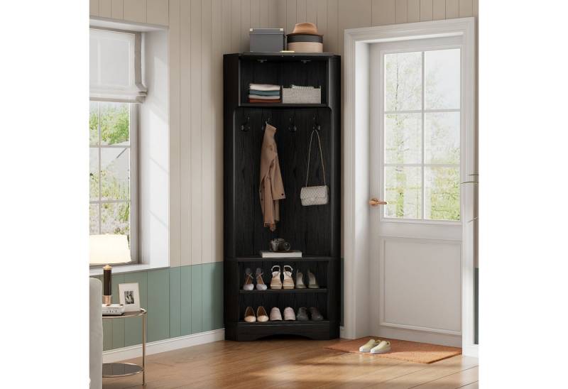 STILVORA Garderoben-Set 180×75cm Flurgarderobe schwarz,Eckkleiderschrank mit 4 hängenden Haken, (Moderner Garderobenschrank in Schwarz mit 4 Haken, Elegantes Design, 180 cm hoch, Robuste Spanplatte, Praktische Aufbewahrungslösung für Flur und Eingangsbereich – Mit Kippsicherung und Goldakzenten, 1-St., 4 Haken), mit 4 Haken von STILVORA