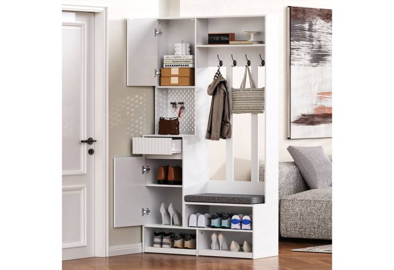 STILVORA Garderoben-Set Flurgarderobe mit sitzbank,Kleidungschrank weiß mit 4 Haken,Schubladen, (Multifunktionales Garderobenset 100×180×35 cm – Flurgarderobe mit Sitzbank, 4 Haken, Schubladen & Kippschutz für Eingangsbereich, Flur und Zuhause, 1-St., 4 Haken, Türen & Schubladen), mit einer Bank, 4 Haken von STILVORA