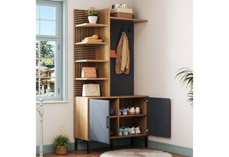 STILVORA Garderoben-Set mit Regalen,Garderobenständer Wandgarderoben mit Haken&Schuhfach, (Eingangsschrank, Garderobenständer, Flurschrank, 1-St., schwarzem Siebdruckstreifen), mit Schuhfach, Regalen, verstellbaren Trennwänden und Haken von STILVORA