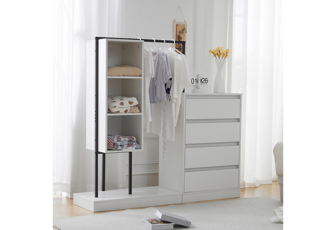 STILVORA Garderoben-Set mit Schubladen,Wandgarderoben Garderobenständer mit Kleiderstange, (Schubladenschrank, Kleiderschrank-Set, 1-St., mit 4 Schublade, Kleiderbereich und 3 offener Fächer), weißer Kleiderschrank, Kleiderstange von STILVORA
