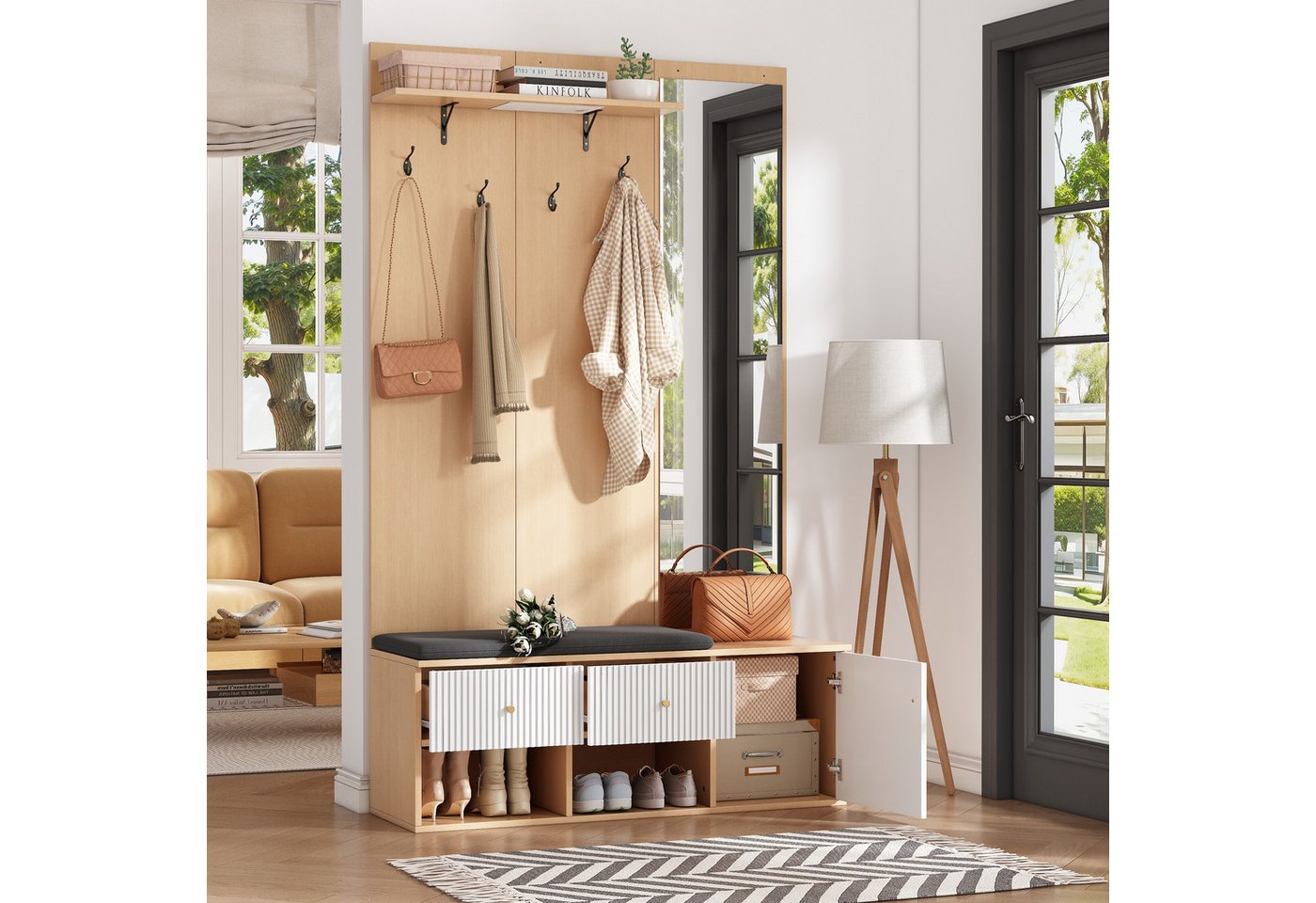 STILVORA Garderoben-Set mit Schuhbank,Garderobenständer Kleiderschrank-Set mit Spiegel&Haken, (Flurschrank, Kleiderschrank, 1-St., mit Spiegel, Schuhbank, Polster, Schuhschrank), Schublade, Regal und Kleiderhaken von STILVORA