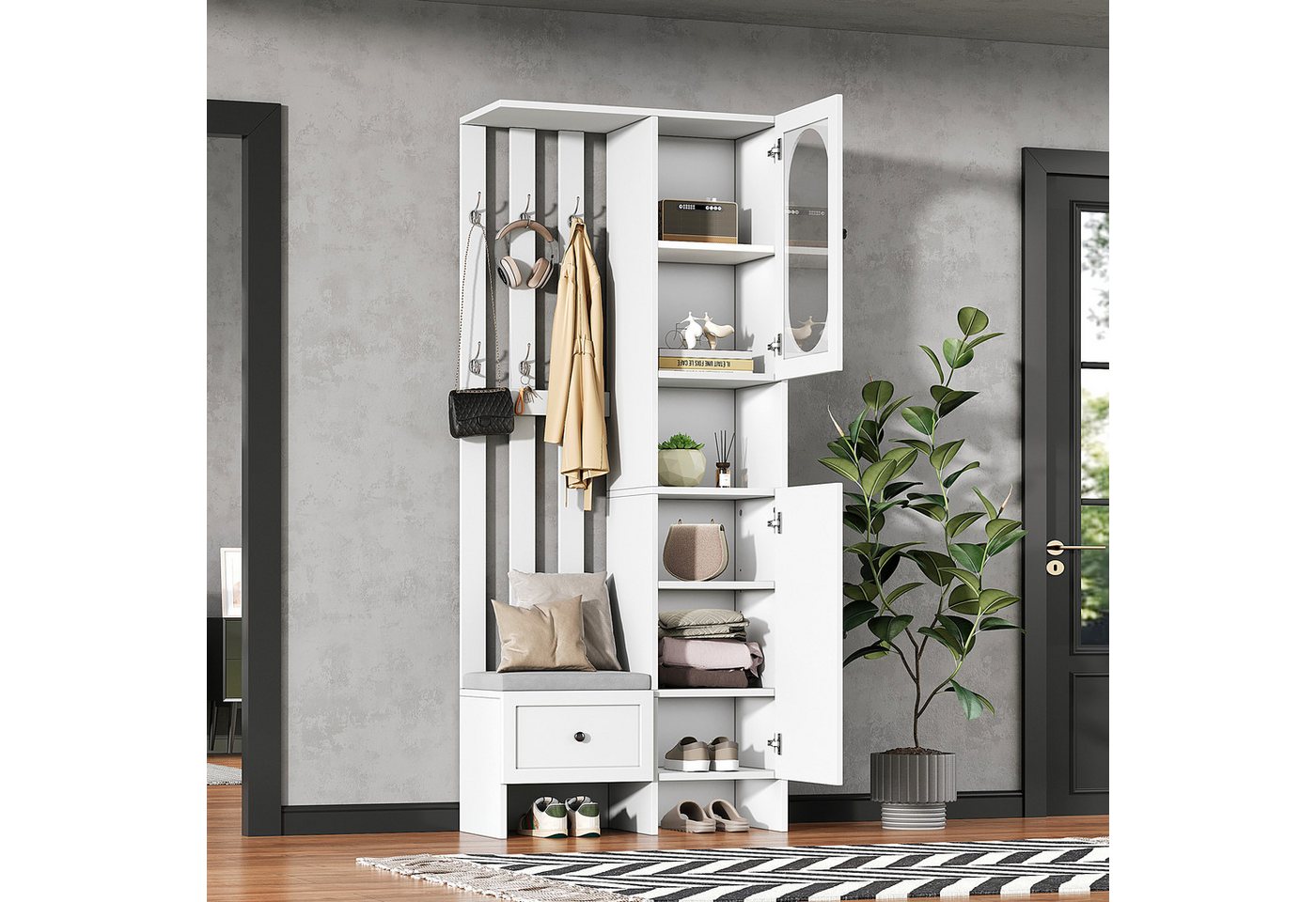 STILVORA Garderoben-Set mit Schuhbank,Garderobenständer Kleiderschrank-Set mit Stauraum&Haken, (Aufbewahrungsschrank, Eingangsschrank, 1-St., 2 Schränken,1Schublade, Tür aus gehärtetem Glas), mit Schuhbank und Polster von STILVORA