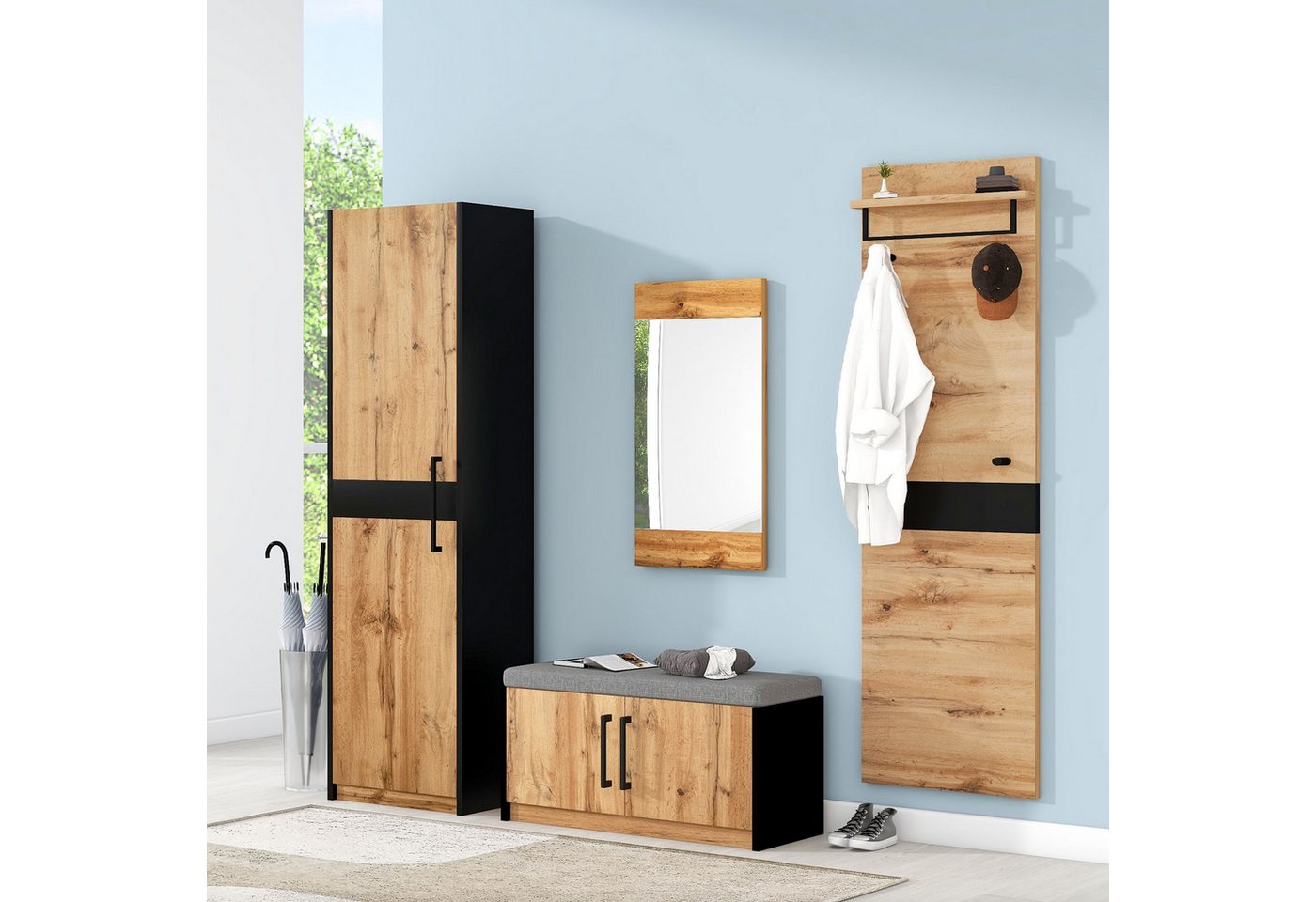 STILVORA Garderoben-Set mit Schuhbank,Garderobenständer Kleiderschrank mit Spiegel&Stauraum, (Flurgarderoben Set, Stylishe Kompaktgarderobe mit 4 Kleiderhaken), mit Spiegel und Sitzbank von STILVORA