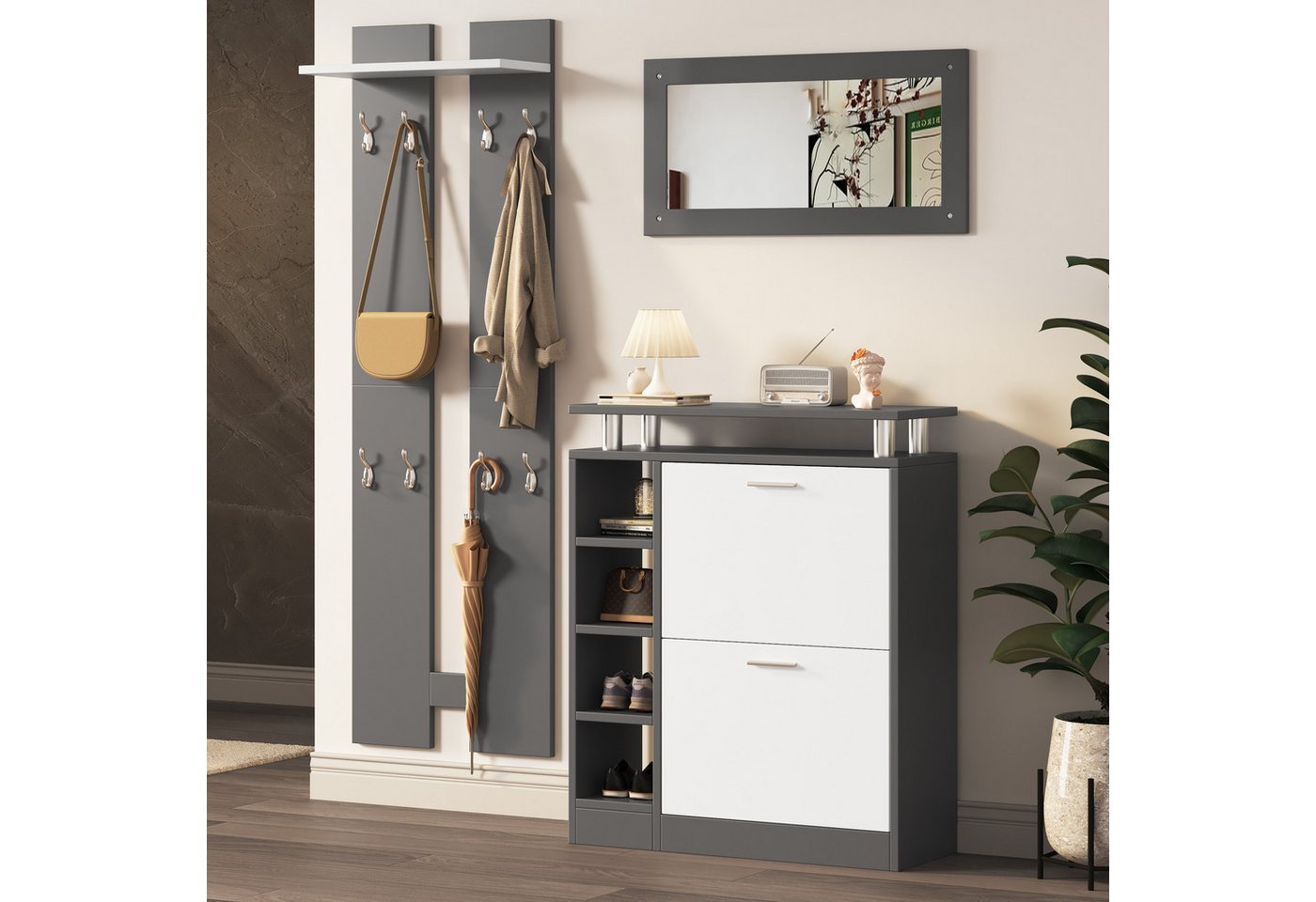 STILVORA Garderoben-Set mit Schuhschrank,Garderobenständer Wandgarderoben mit Haken&Spiegel, (Flurmöbel, 3-St., Spiegel, Regalwand, Schuhschrank), für Ihren Eingangsbereich von STILVORA