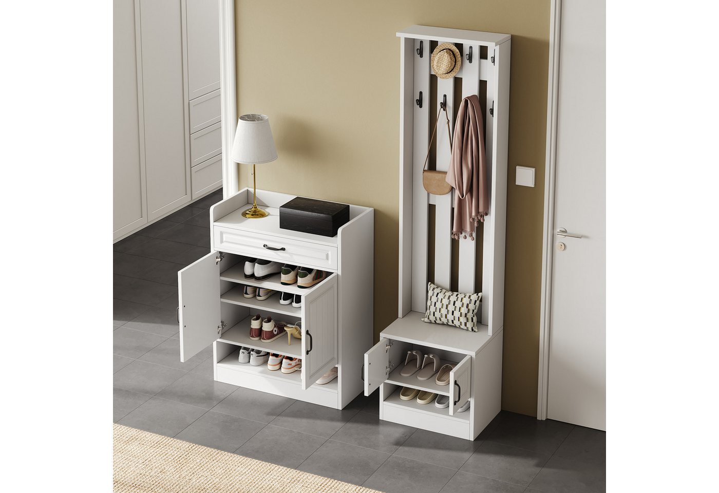 STILVORA Garderoben-Set mit Schuhschrank&Garderobe,2er-Set Garderobenset Wandgarderoben Weiß, (Garderobenset – Wandgarderobe in Weiß, 2-St., 125*36*190cm), mit 2 Türen von STILVORA