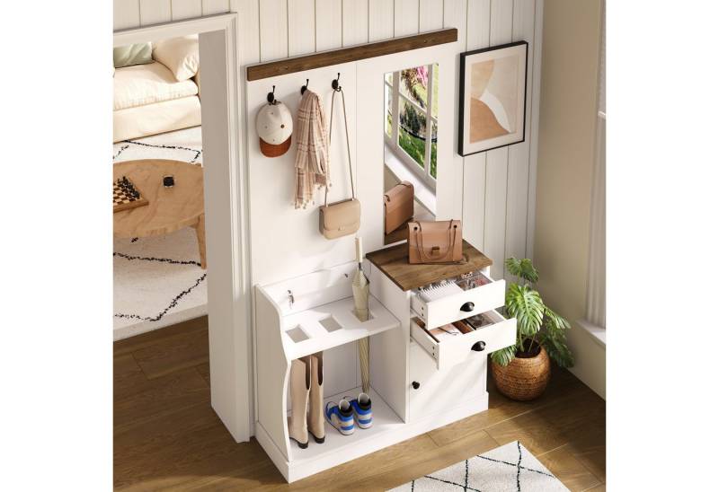 STILVORA Garderoben-Set mit Spiegel,Garderobenständer Wandgarderoben mit Haken&Schirmständer, (Flurschrank, Eingangsschrank, 1-St., 110,5 x 191 x 38 cm), mit Spiegel, Haken, Schubladen und Schirmständer von STILVORA