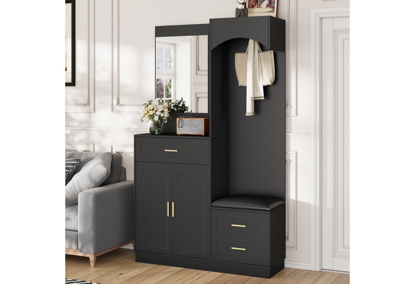 STILVORA Garderoben-Set mit Spiegel,Wandgarderoben Garderobenständer mit Schubladen&Sitzbank, (Kinderkleiderschrank, Garderobenständer, 1-St., 110 x 33 x 185.5 cm), mit verstellbaren Schuhregalen von STILVORA