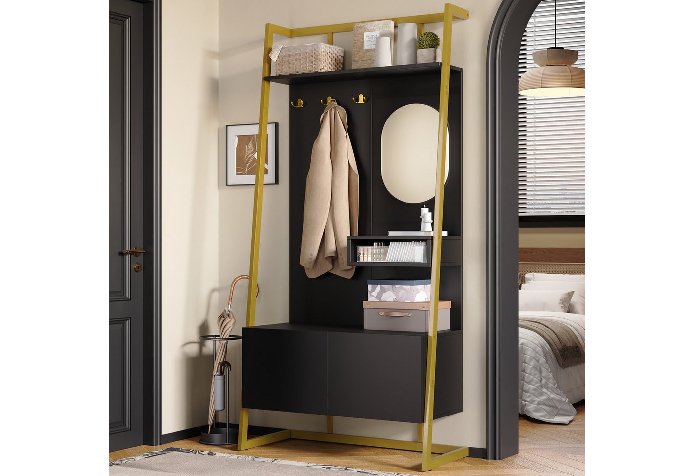 STILVORA Garderoben-Set mit Spiegel,Wandgarderoben Garderobenständer mit Schuhbank&Metallhaken, (Flurschrank, Eingangsschrank, 1-St., Sanftes Scharnierdesign), multifunktionaler Aufbewahrungsschrank von STILVORA