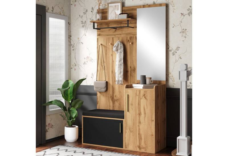 STILVORA Garderoben-Set mit Spiegel,Wandgarderoben Garderobenständer mit Sitzbank&Kleiderhaken, (Flurmöbel Set, Eingangsregal, 1-St., mit Haken), Holzoptik Eiche von STILVORA