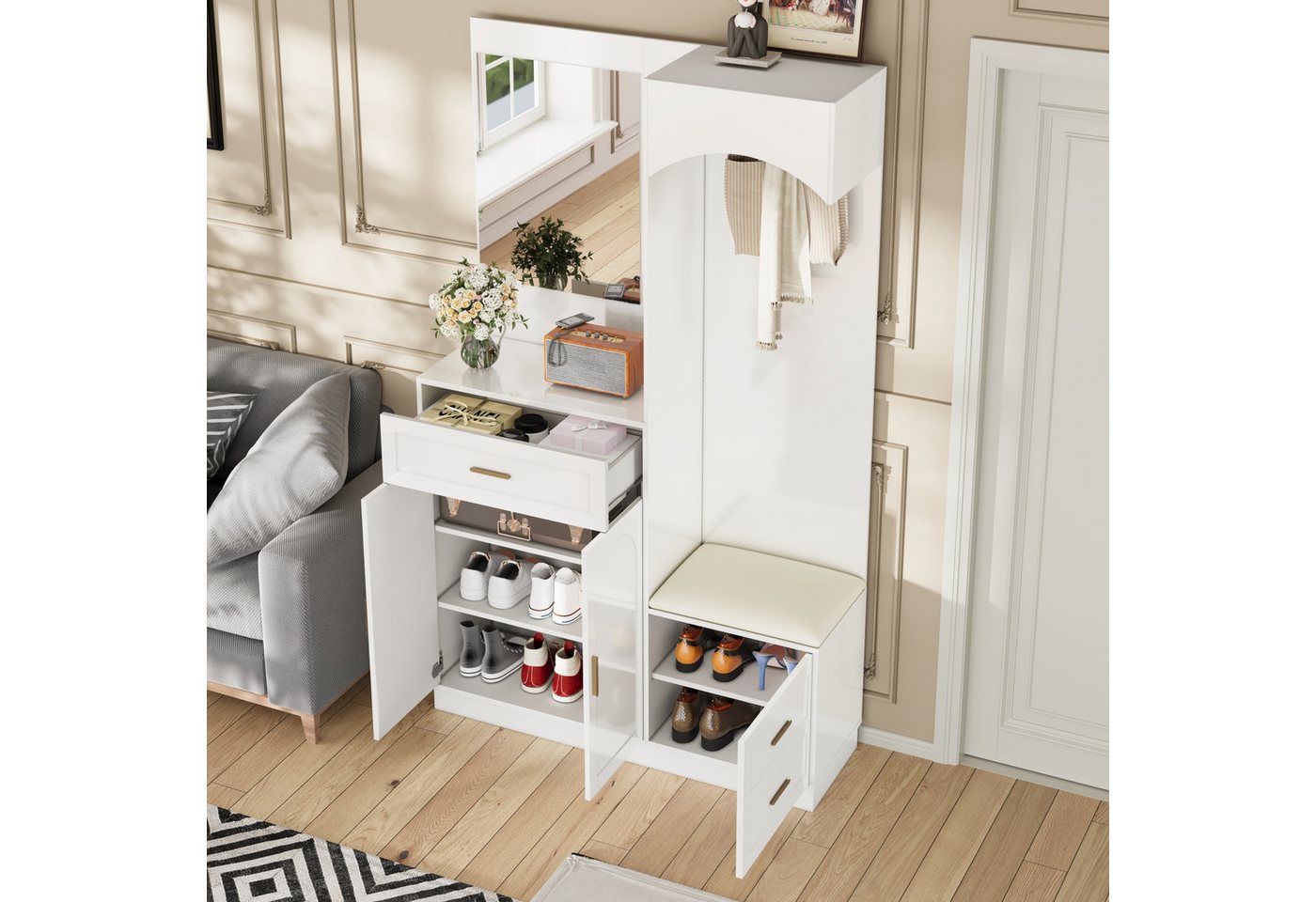 STILVORA Garderoben-Set mit Spiegel,Wandgarderoben Garderobenständer mit Sitzbank&Schublade, (Kinderkleiderschrank, Garderobenständer, 1-St., 110 x 33 x 185.5 cm), mit verstellbaren Schuhregalen von STILVORA