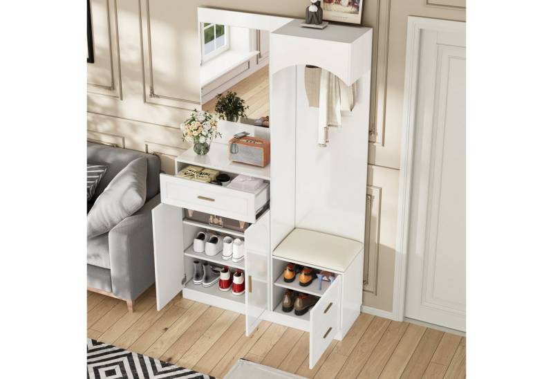 STILVORA Garderoben-Set mit Spiegel,Wandgarderoben Garderobenständer mit Sitzbank&Schublade, (Kinderkleiderschrank, Garderobenständer, 1-St., 110 x 33 x 185.5 cm), mit verstellbaren Schuhregalen von STILVORA