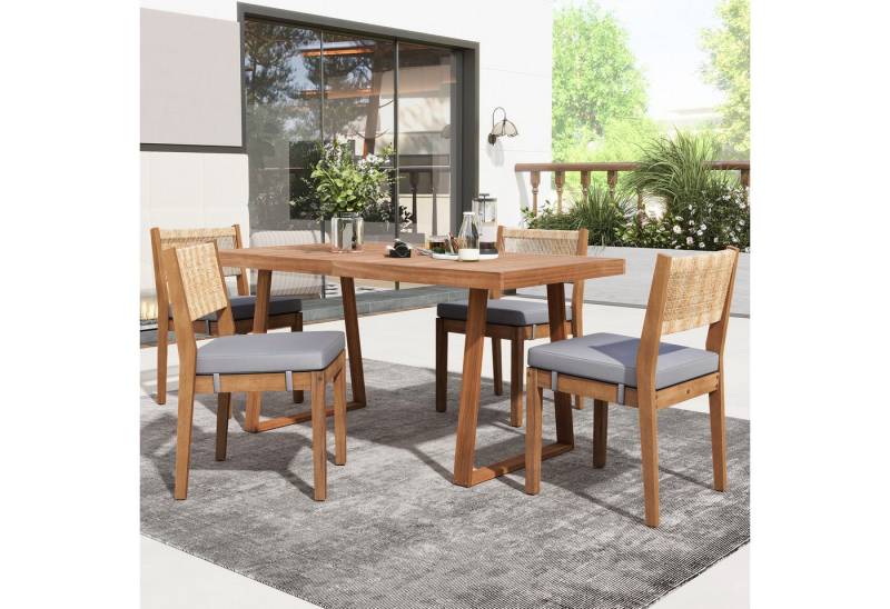 STILVORA Gartenlounge-Set Garten-Essgruppe 4 personen Outdoor Gartenmöbel,Akazienholz Tischplatt, (Garten-Lounge-Set, Gartenmöbel-Set, Outdoor-Sofa-Set, Balkonset, 5-tlg., geeignet für Essgruppen, für den Außenbereich), Rückenlehne aus PE-Rattan, Tischplatte und Stühle aus Akazienholz von STILVORA
