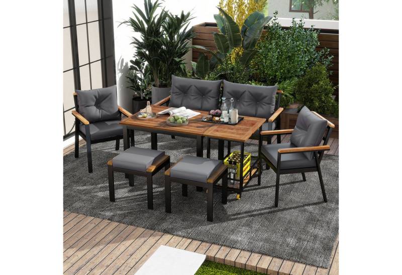 STILVORA Gartenlounge-Set Garten-Essgruppe 6-7 personen Outdoor Gartenmöbel mit Akazienplatte, (Gartenmöbel, 6-7-Sitzer-Garten-Esstisch- und Stuhlset, 7-tlg., 2 Stühle, 2 Hocker, 1 Sofa, 1 Tisch,1 Servierwagen), mit Sesseln und abnehmbarem Esswagen, abnehmbarer Stoffbezug von STILVORA