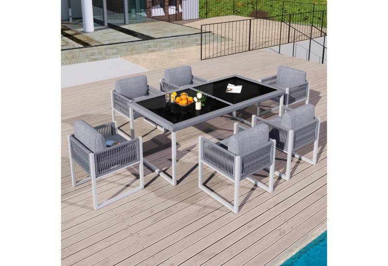 STILVORA Gartenlounge-Set Garten-Essgruppe 6 personen Outdoor Gartenmöbel,abnehmbarer Bezug, (Garten-Lounge-Set, Gartenmöbel-Set, Outdoor-Sofa-Set, Balkonset, 7-tlg., 6-Personen-Garten-Essgruppe), mit Sesseln, abnehmbarer und waschbarer Stoffbezug von STILVORA