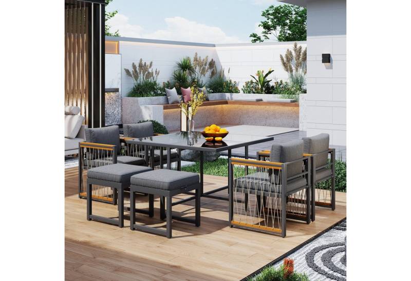 STILVORA Gartenlounge-Set Garten-Essgruppe 6 personen Rattan Outdoor Gartenmöbel,Glas Tischplatt, (Gartenlounge-Set, Garten-Lounge-Set, Gartenmöbel-Set, Outdoor-Sofa-Set, Balkonset, 7-tlg., Tisch aus gehärtetem Glas), für 6 Personen, für den Außenbereich von STILVORA