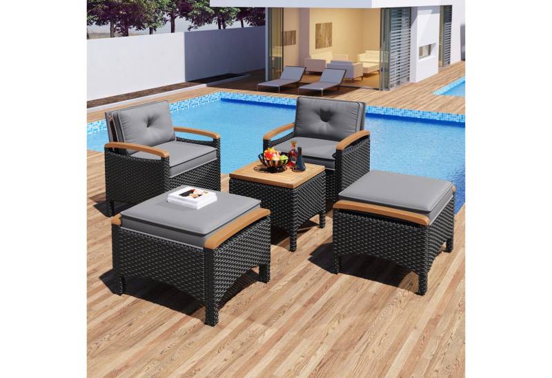 STILVORA Gartenlounge-Set Garten-Essgruppe Rattan Outdoor Gartenmöbel mit Akazienplatte & Kissen, (Garten-Lounge-Set, Gartenmöbel-Set, Balkonset, 5-tlg., 2 Stühle, 2 Hocker und 1 Tisch), mit Kissen, Akazienplatte von STILVORA