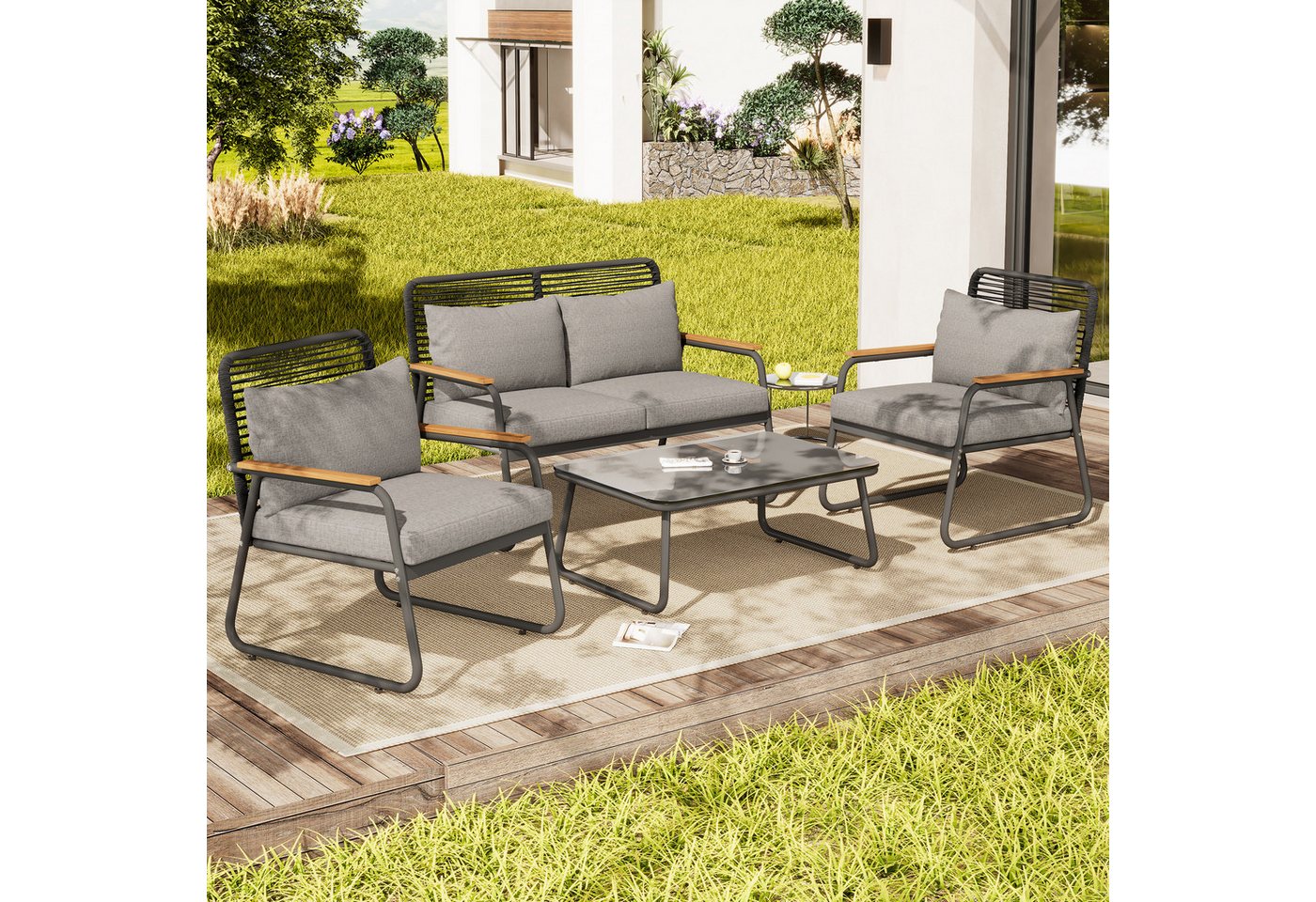 STILVORA Gartenlounge-Set mit 2 Sessel,Doppelsofa&Glastisch,Gartenmöbelset mit Beine verstellbar, (Gartenmöbel-Set für 4 Personen – Doppelsofa, Einzelsofas & Couchtisch mit verstellbaren Beinen., Doppelsofa: 118*65*78cm Einzelsofa: 63*65*78cm Tisch: 80*50*39cm), mit Relaxfunktion STILVORA Gartenlounge-Set mit 2 Sessel,Doppelsofa&Glastisch,Gartenmöbelset mit Beine verstellbar, (Gartenmöbel-Set für 4 Personen – Doppelsofa, Einzelsofas & Couchtisch mit verstellbaren Beinen., Doppelsofa: 118*65*78cm Einzelsofa: 63*65*78cm Tisch: 80*50*39cm), mit Relaxfunktion von STILVORA