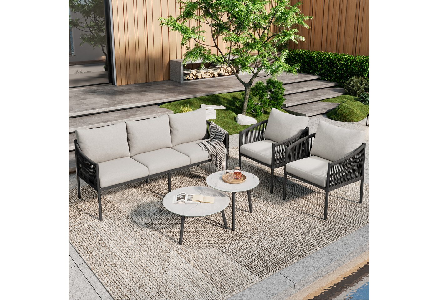 STILVORA Gartenlounge-Set mit Couchtisch,Gartenmöbel Set 3 personen,Loungesessel Set outdoor, (Gartenmöbel-Set, Outdoor-Sofa-Set, Balkonset, 5-tlg., 3-Sitzer-Sofa, 2 Sessel und 2 Couchtische), Glasplatte Marmor lackiert, handgeflochtenes Seil, verzinkter Stahl von STILVORA