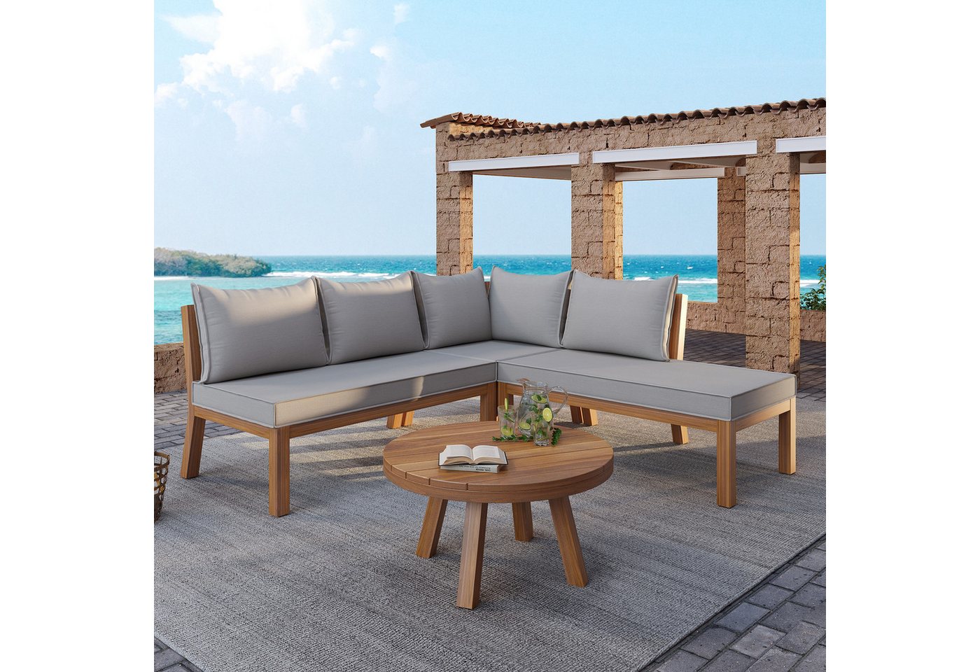 STILVORA Gartenlounge-Set mit Couchtisch und Ecksofa,Loungesessel Set outdoor,Gartenmöbel-Set, (Gartensofa, Garten-Essgruppe, Balkonset, 4-tlg., Ecksofa + Couchtisch), mit Akazientischplatte von STILVORA