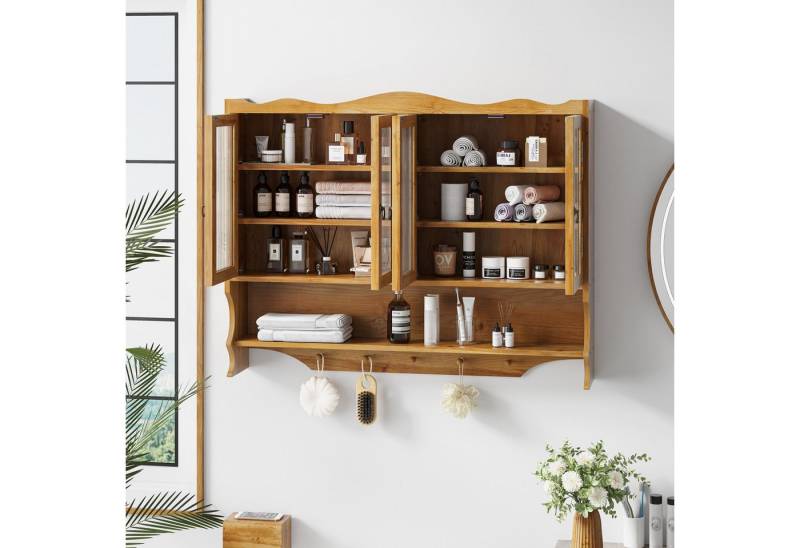 STILVORA Hängeschrank mit Glastüren&Haken,Wandschrank Badezimmerschrank mit Stauraum (100 cm Retro 4-Türiger Wandregal mit Offenem Hakenrack, Robustes Design aus Holz und Glas, 35 kg Tragkraft) von STILVORA