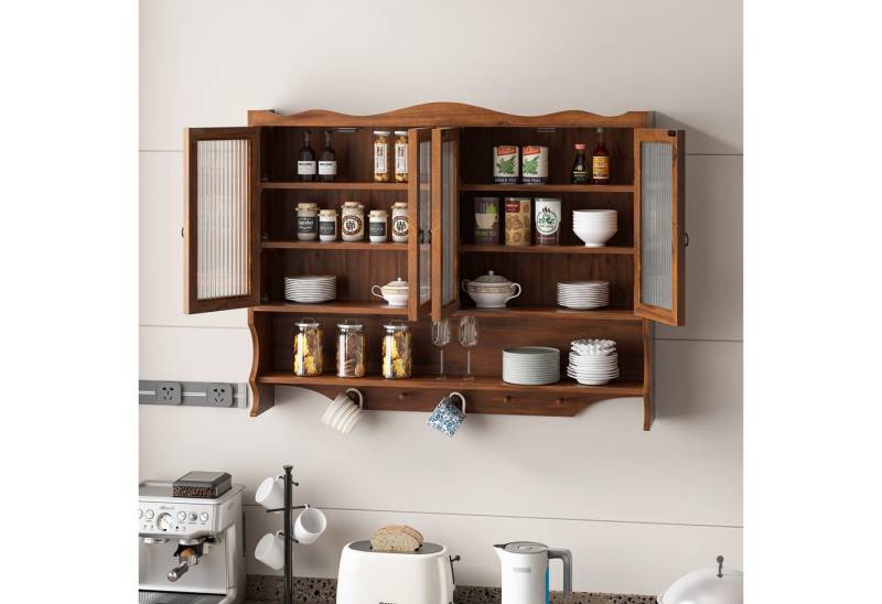 STILVORA Hängeschrank mit Glastüren&Haken,Wandschrank Badezimmerschrank mit Stauraum (100 cm Retro 4-Türiger Wandregal mit Offenem Hakenrack, Robustes Design aus Holz und Glas, 35 kg Tragkraft) von STILVORA