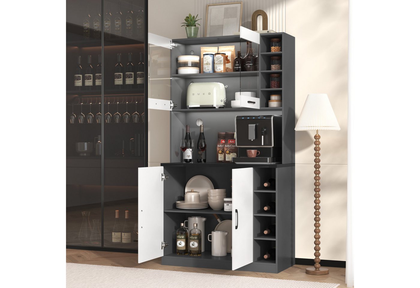 STILVORA Highboard Vitrinenschrank küche,Küchenschrank Buffet mit LED,Sideboard (Ohne Dekoration, Küchenschrank, Buffet mit LED-Ambiente-Beleuchtung und Kabellöchern), 100x47x187cm von STILVORA