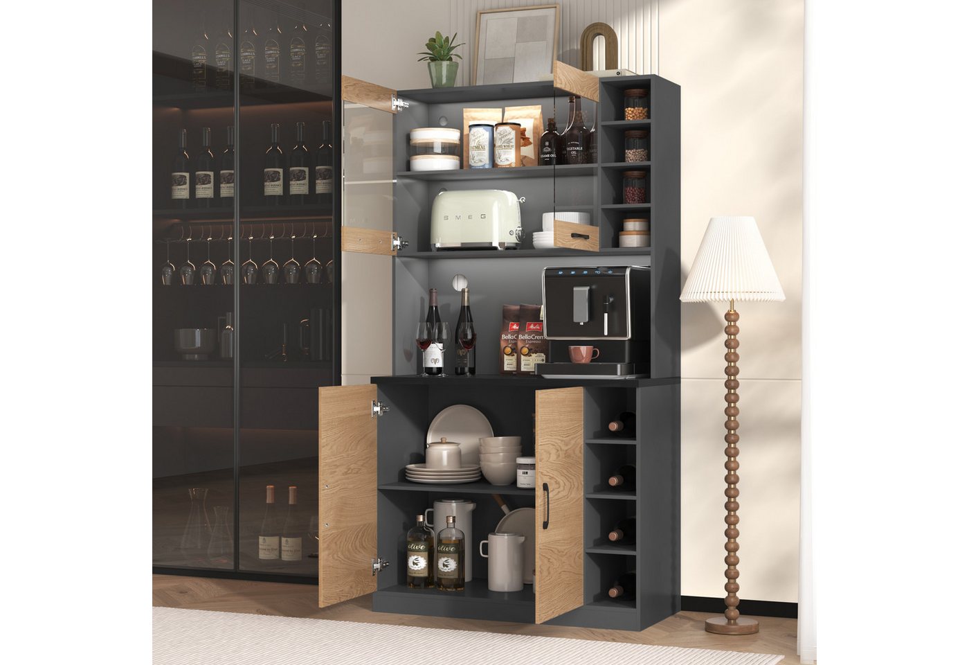 STILVORA Highboard Vitrinenschrank küche,Küchenschrank Buffet mit LED,Sideboard (Ohne Dekoration, Küchenschrank, Buffet mit LED-Ambiente-Beleuchtung und Kabellöchern), 100x47x187cm von STILVORA