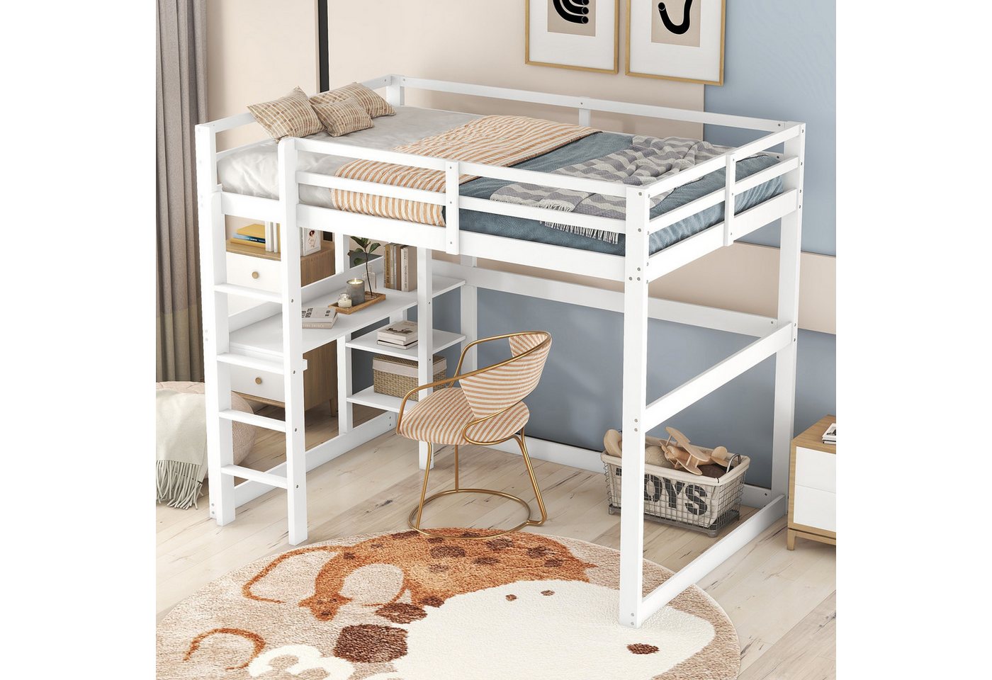 STILVORA Hochbett 140X200 mit matratze und Schreibtisch,Kinderbett mit Stauraum (mit 4 Ablagefächern und einer Schreibtischplatte, mit Stauraum, komplett aus Kiefer) mit Matratze von STILVORA
