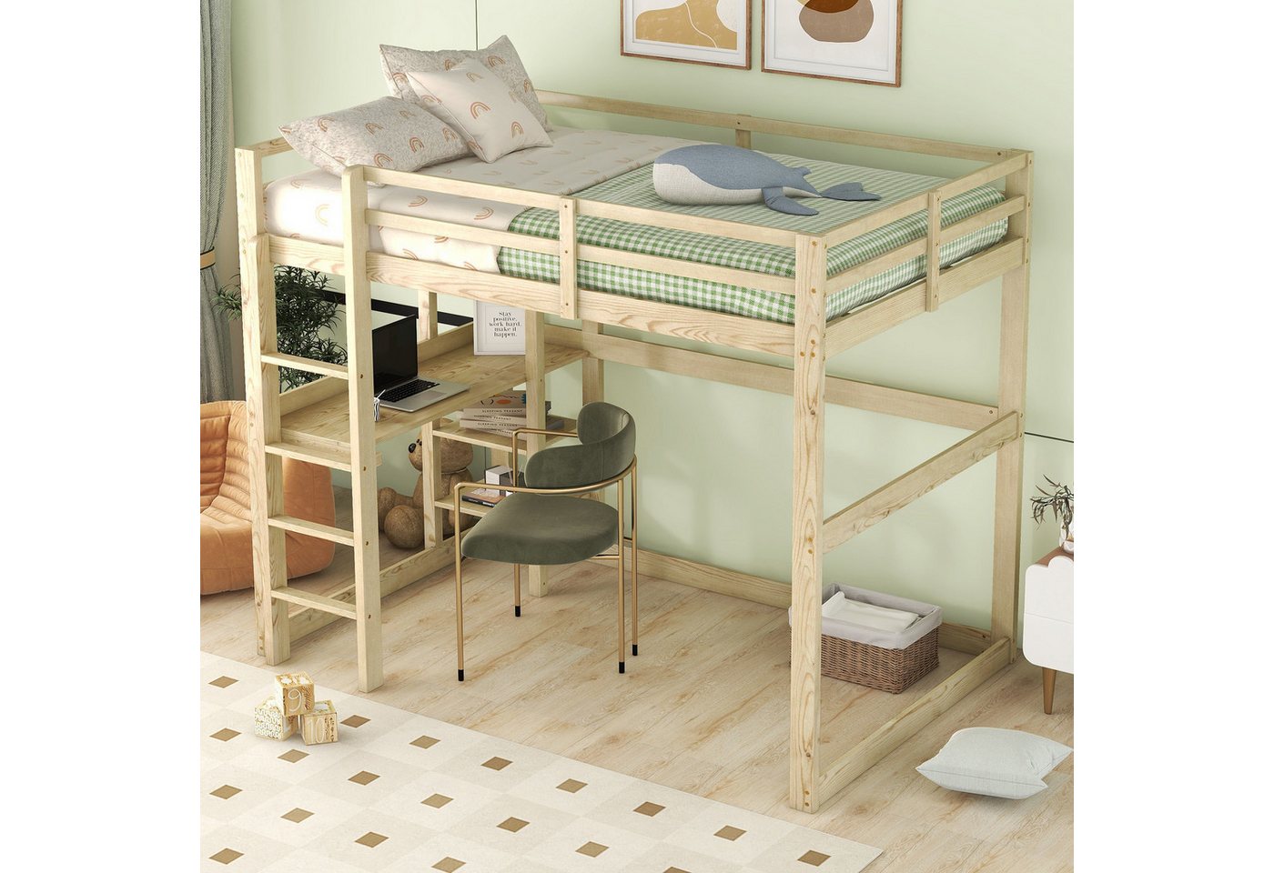 STILVORA Hochbett 140X200 mit matratze und Schreibtisch,Kinderbett mit Stauraum (mit 4 Ablagefächern und einer Schreibtischplatte, mit Stauraum, komplett aus Kiefer) mit Matratze von STILVORA